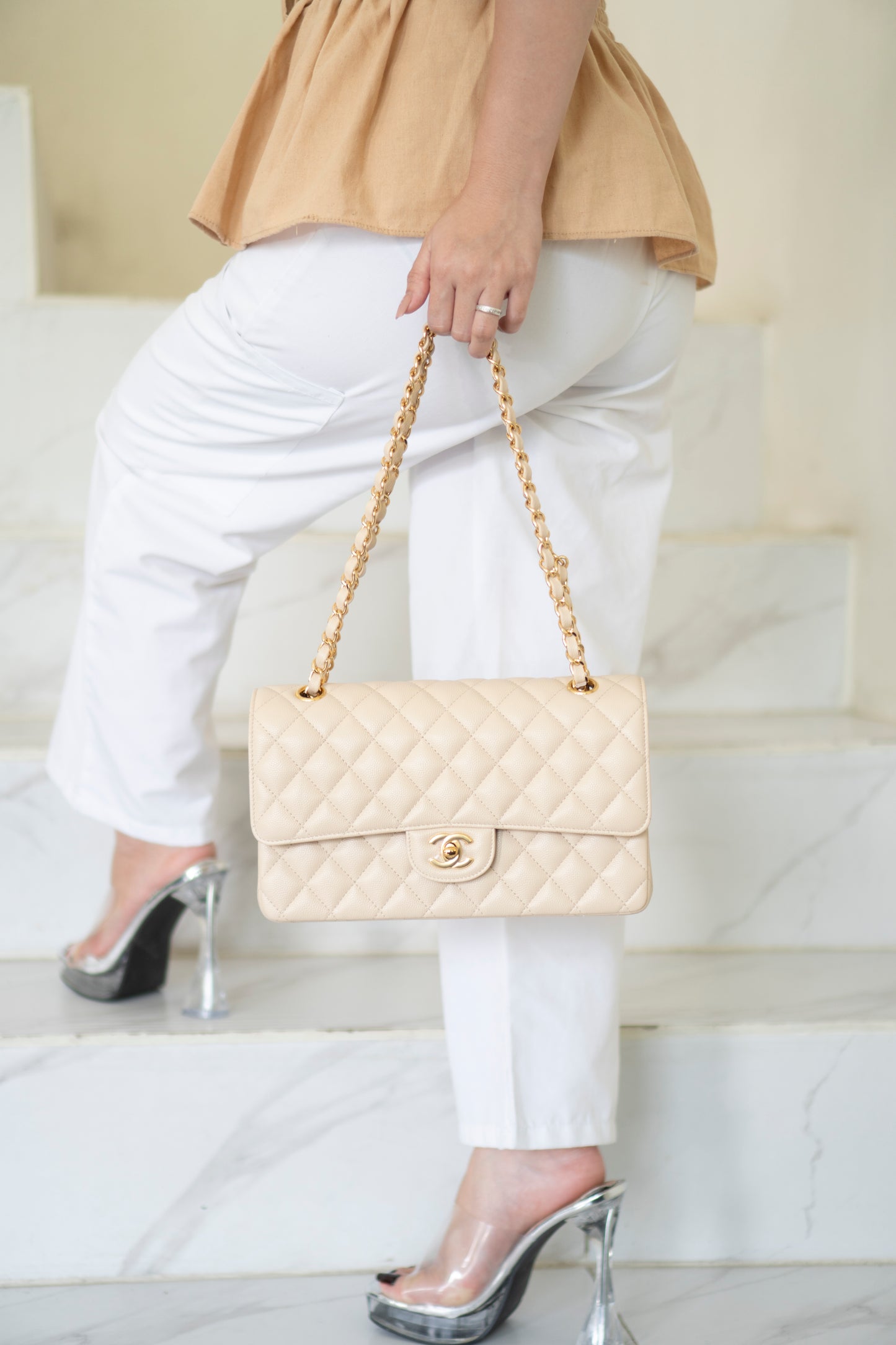 Classic Flap Medium in Light Beige Caviar Leather