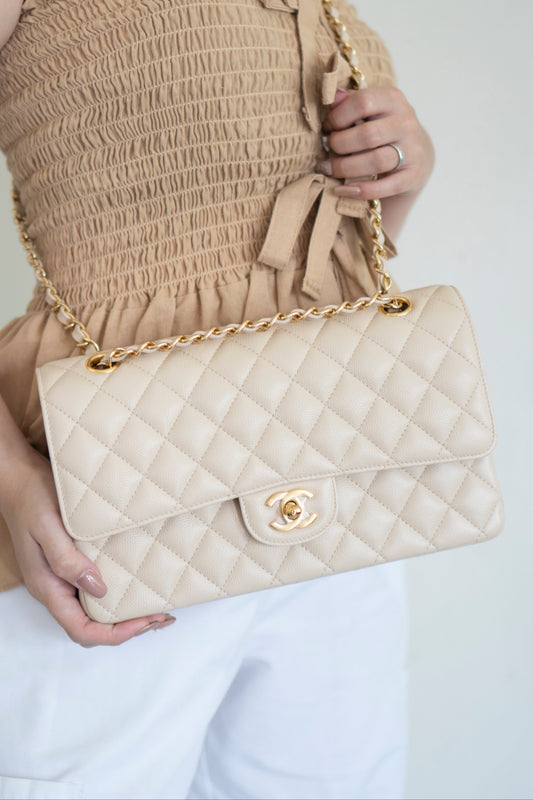 Classic Flap Medium in Light Beige Caviar Leather