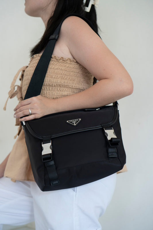 Re-Nylon Messenger Bag in Black