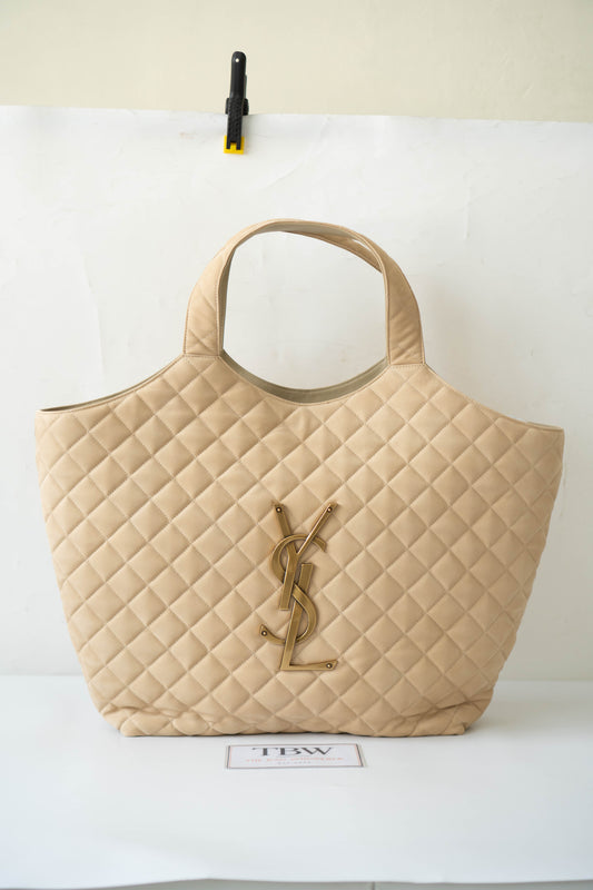 Icare Maxi Shopping Tote – Nubuck Suede in Beige with Gold Hardware