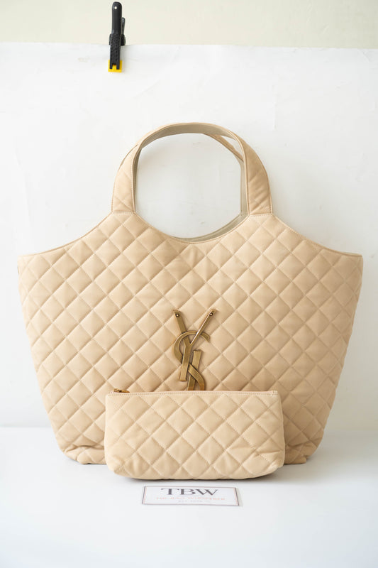 Icare Maxi Shopping Tote – Nubuck Suede in Beige with Gold Hardware