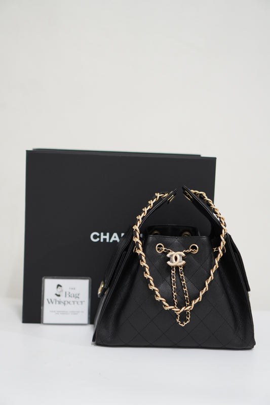 25C Small Drawstring Bag – Black Caviar with Gold Hardware