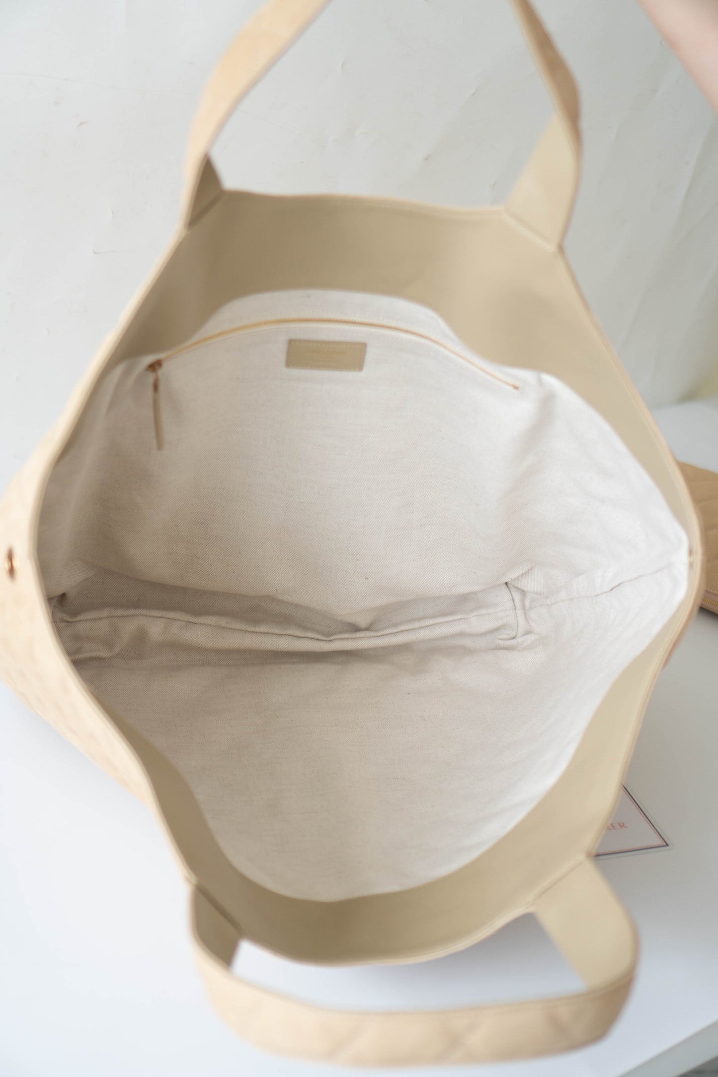 Icare Maxi Shopping Tote – Nubuck Suede in Beige with Gold Hardware