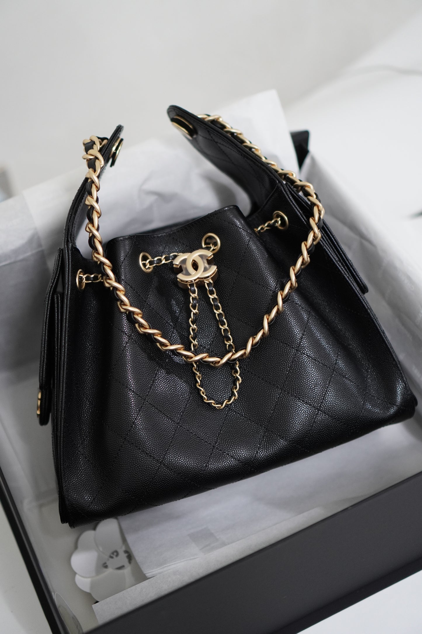 25C Small Drawstring Bag – Black Caviar with Gold Hardware
