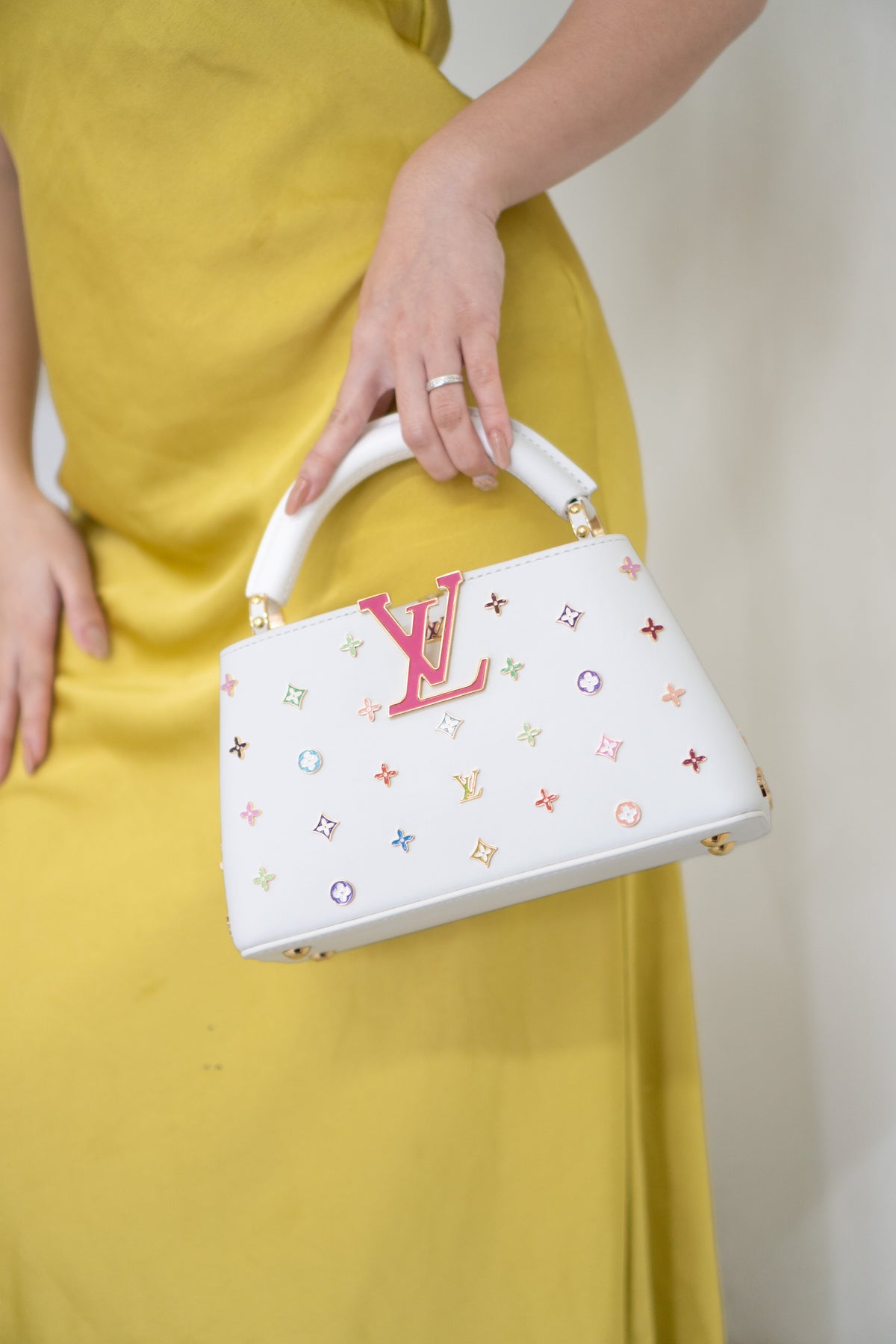 Capucine Mini – White Leather with Multicolored Flower Accents and Gold Hardware