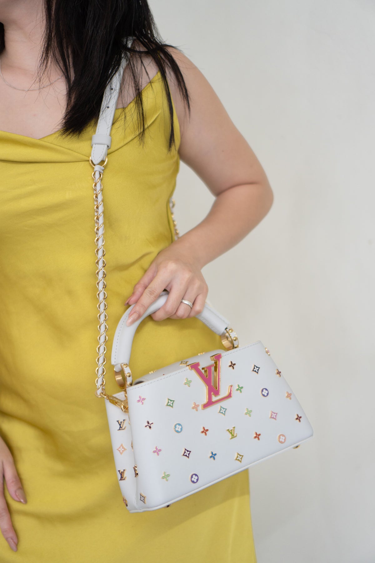 Capucine Mini – White Leather with Multicolored Flower Accents and Gold Hardware