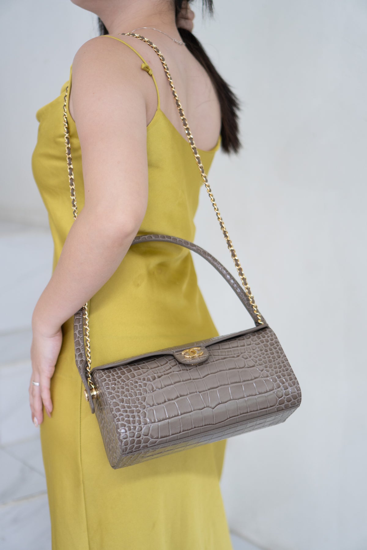 East-West Flap Bag with Top Handle – Grey Croc-Embossed Calfskin Leather with Gold Hardware