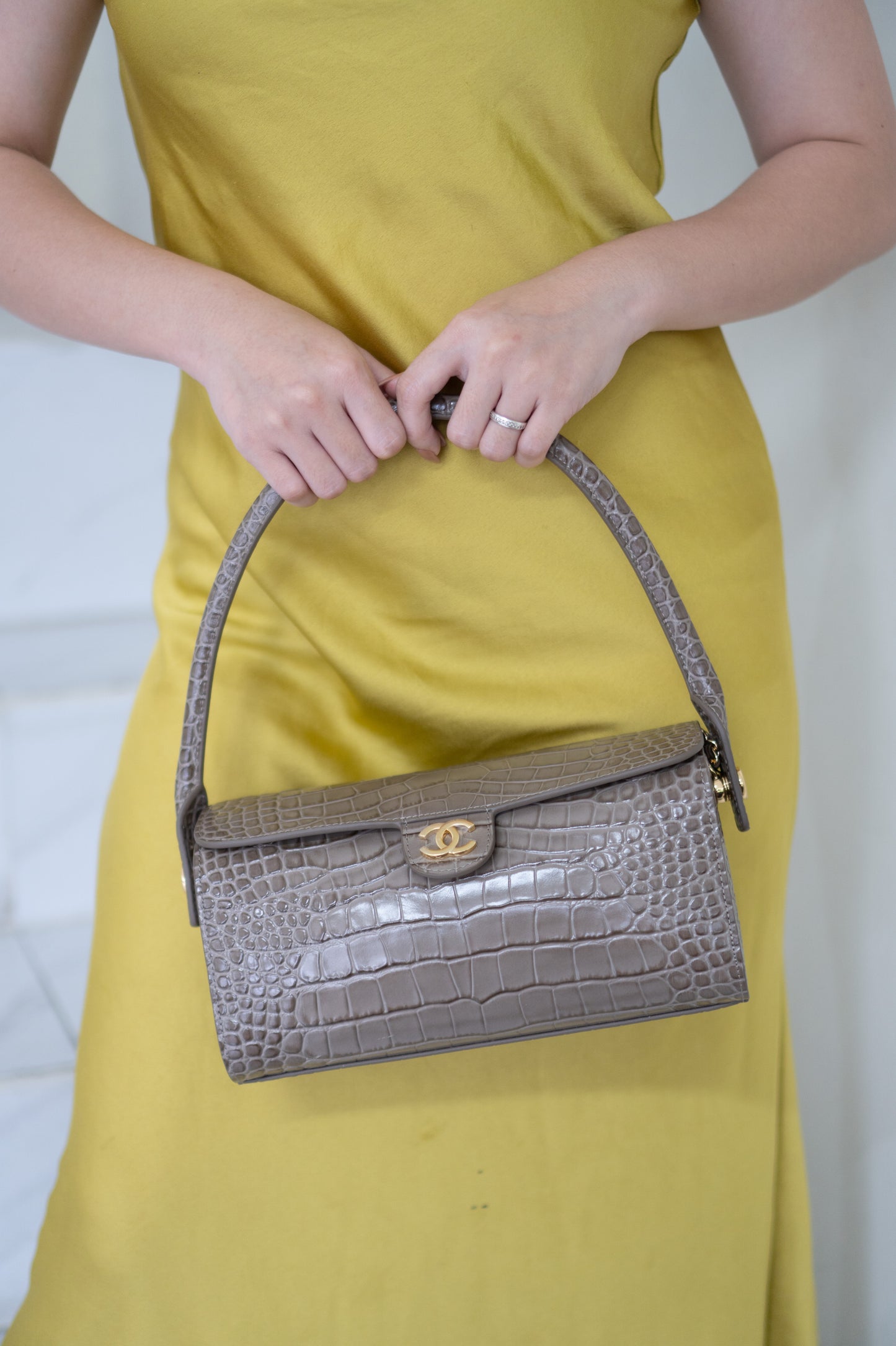 East-West Flap Bag with Top Handle – Grey Croc-Embossed Calfskin Leather with Gold Hardware