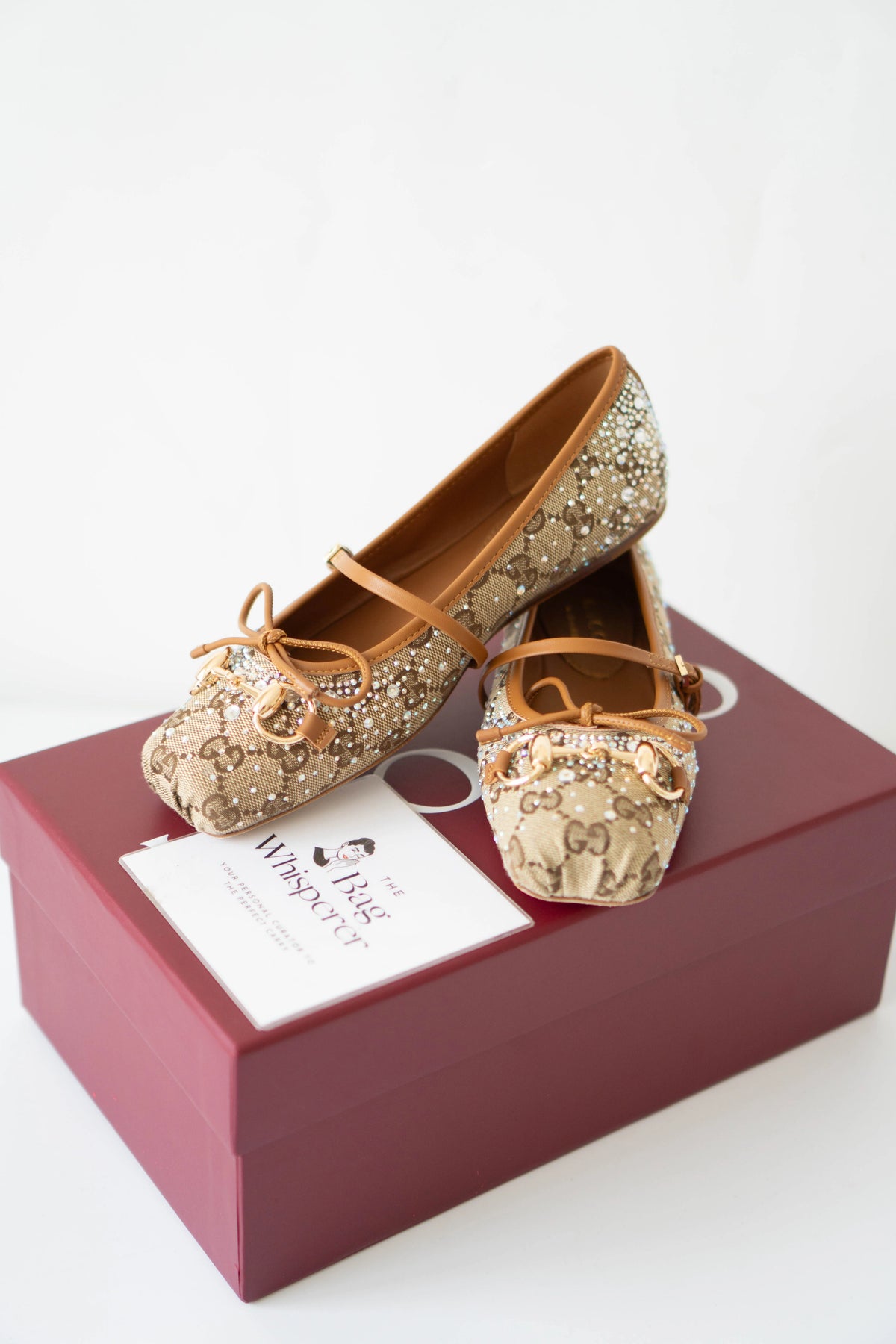 GG Crystal Ballet Flats – Beige with Crystal Embellishments (Size 36)