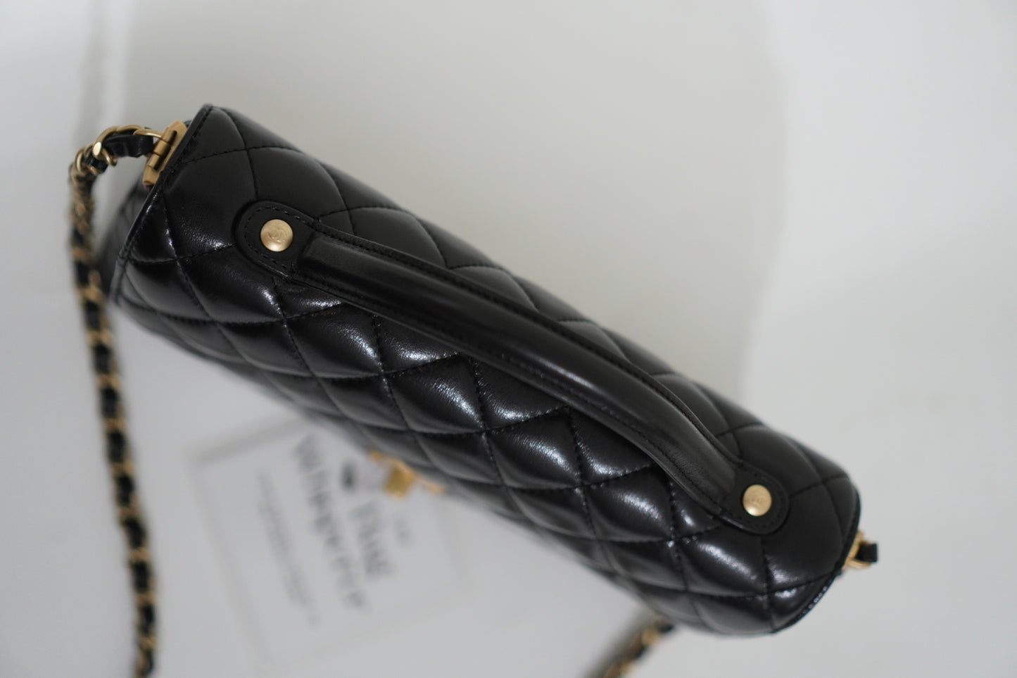 25P Top Handle Flap Bag in Black Shiny Lambskin with Gold Hardware