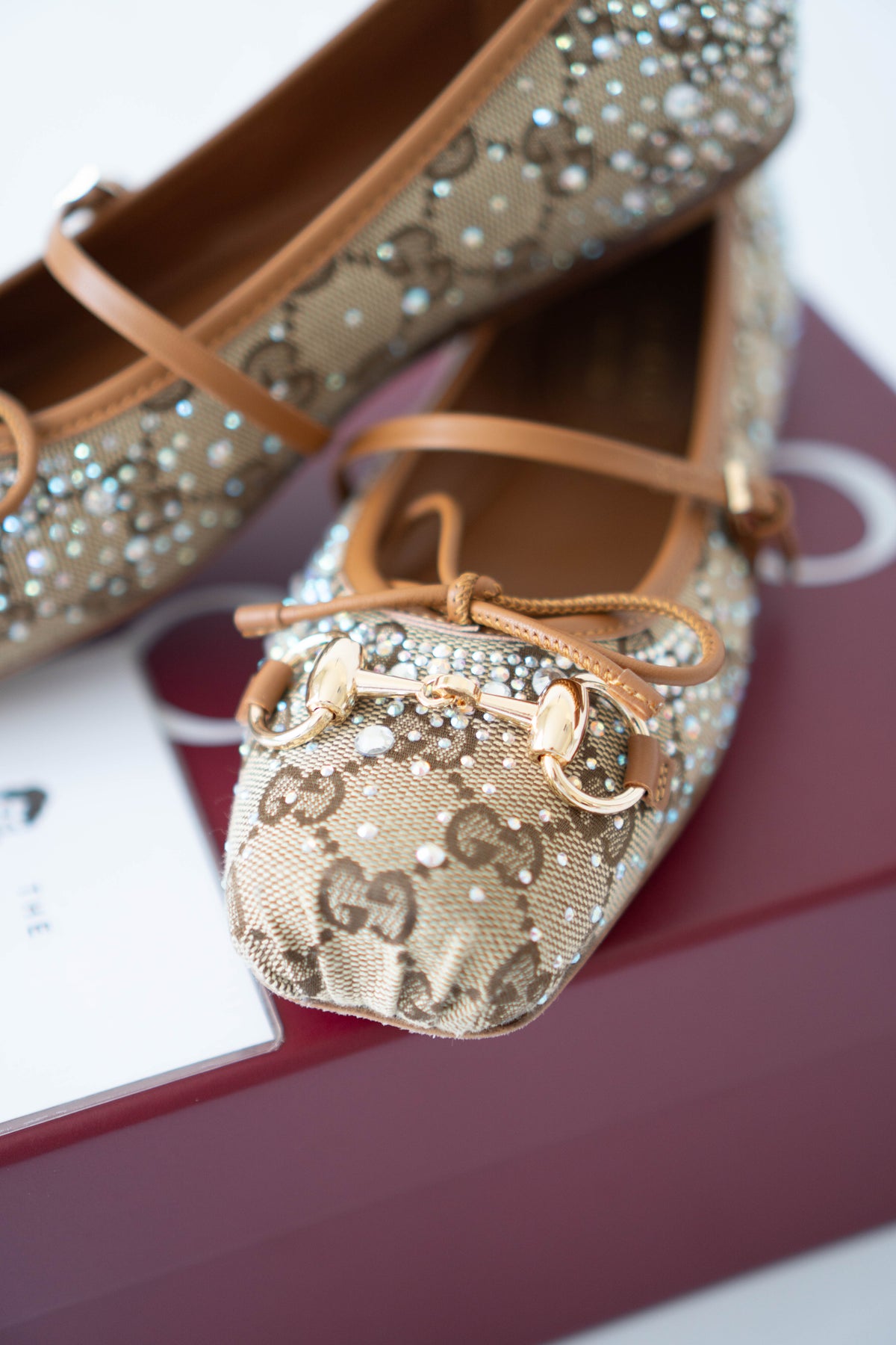 GG Crystal Ballet Flats – Beige with Crystal Embellishments (Size 36)