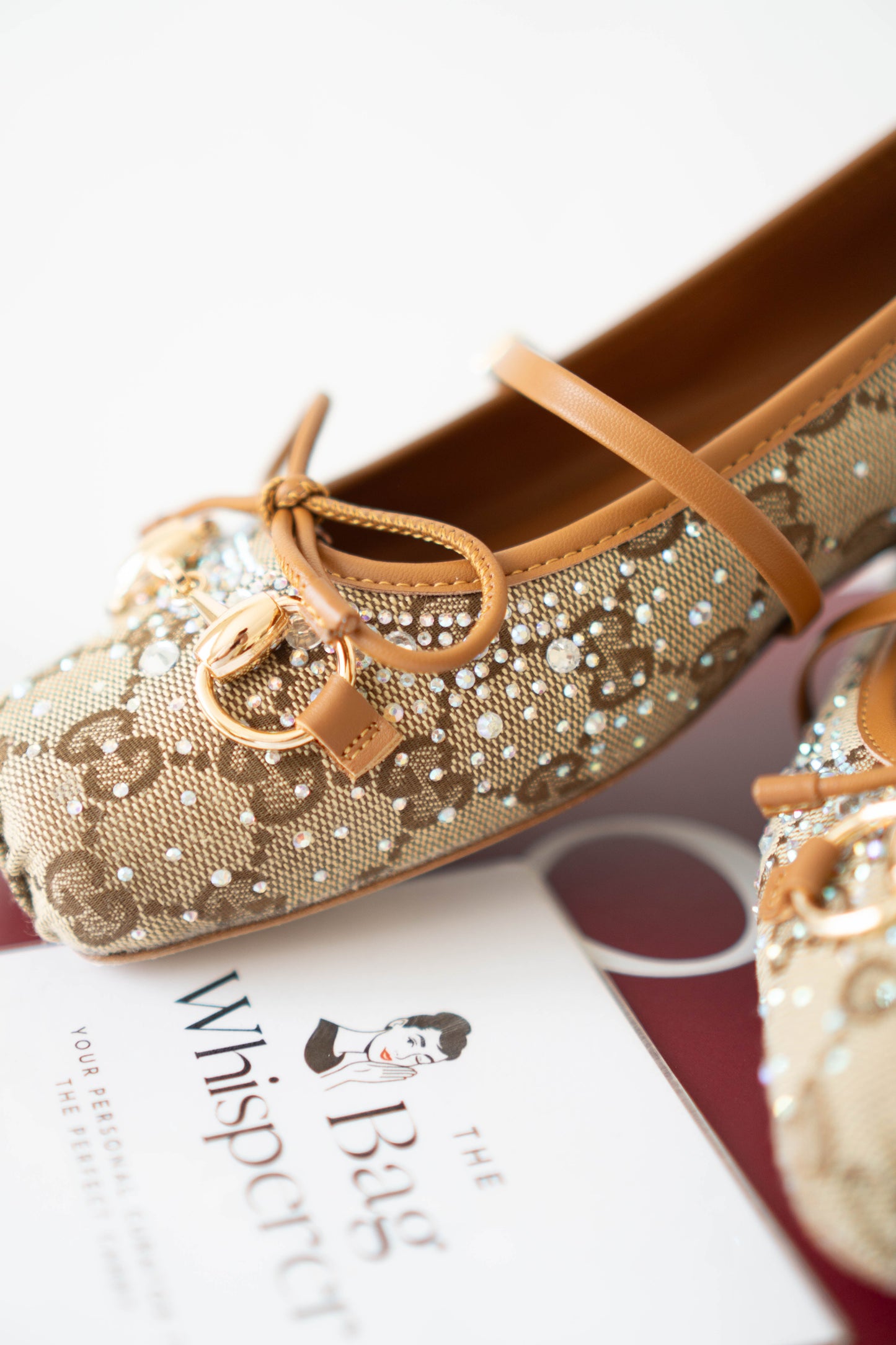 GG Crystal Ballet Flats – Beige with Crystal Embellishments (Size 36)
