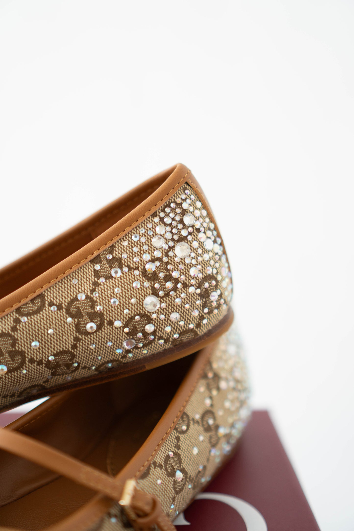 GG Crystal Ballet Flats – Beige with Crystal Embellishments (Size 36)