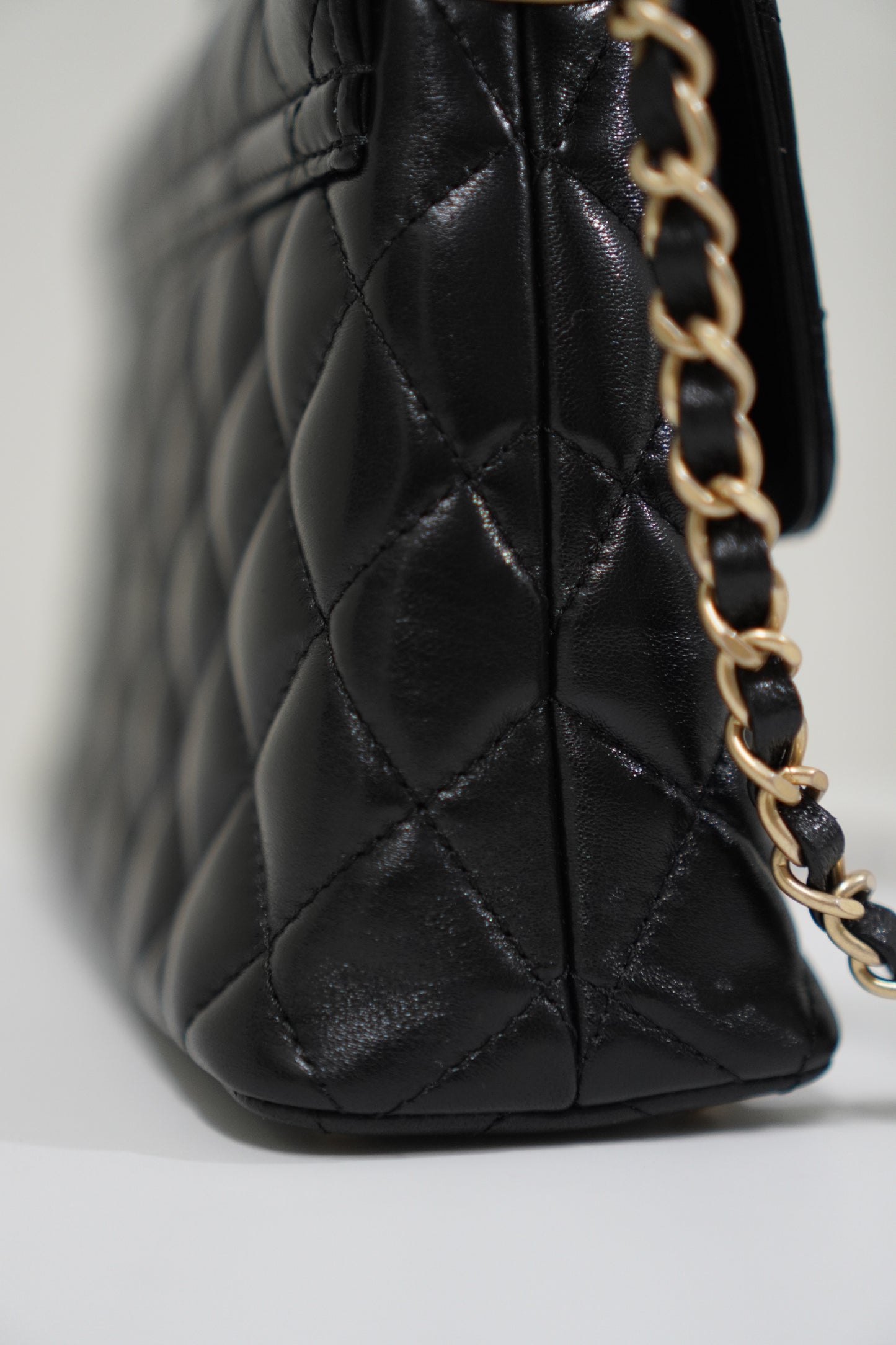 25P Top Handle Flap Bag in Black Shiny Lambskin with Gold Hardware