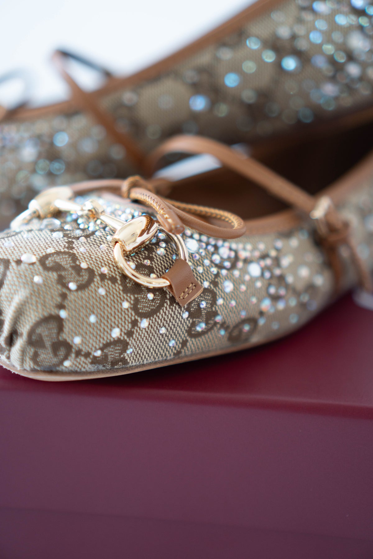 GG Crystal Ballet Flats – Beige with Crystal Embellishments (Size 36)