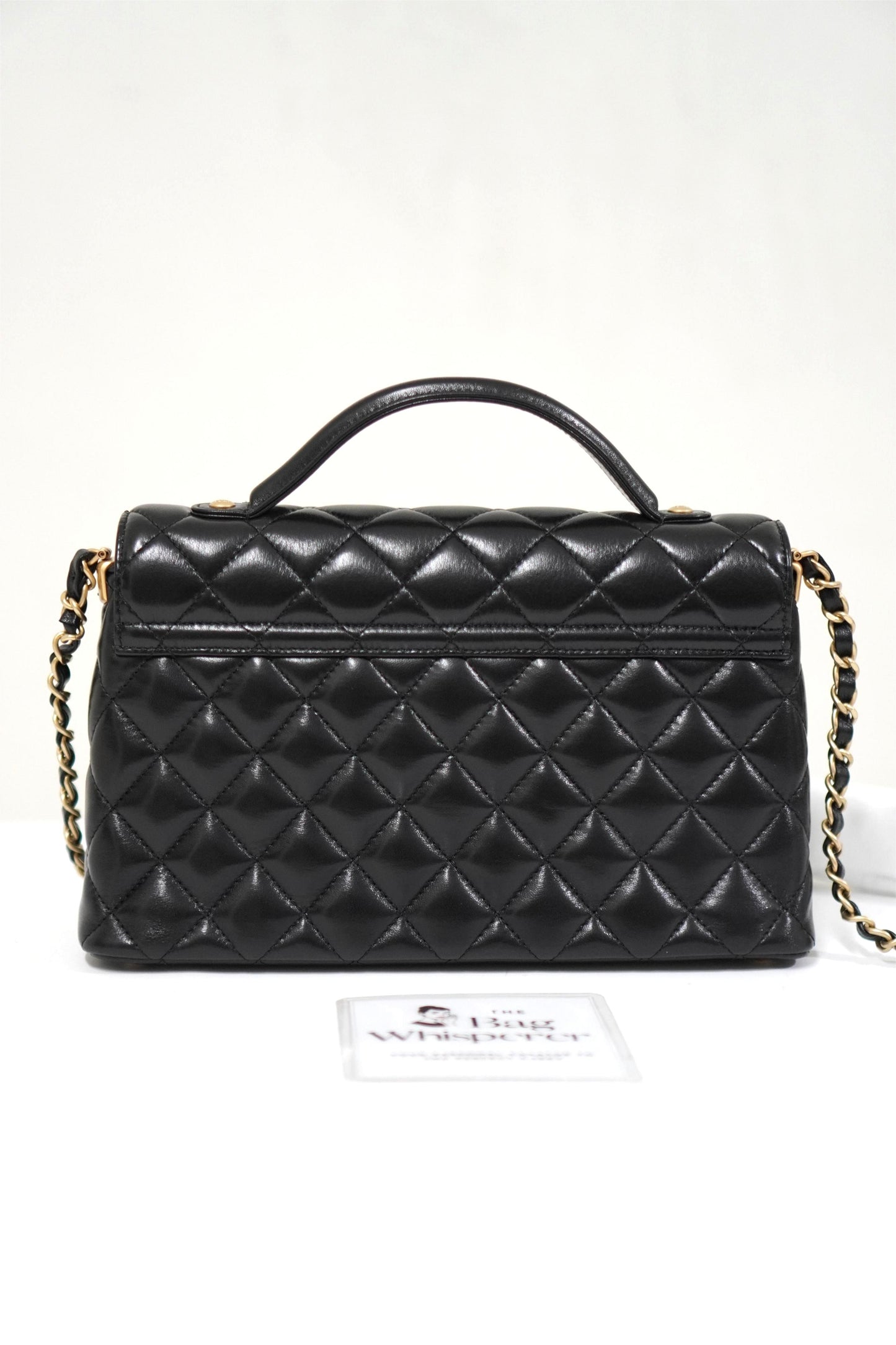 25P Top Handle Flap Bag in Black Shiny Lambskin with Gold Hardware