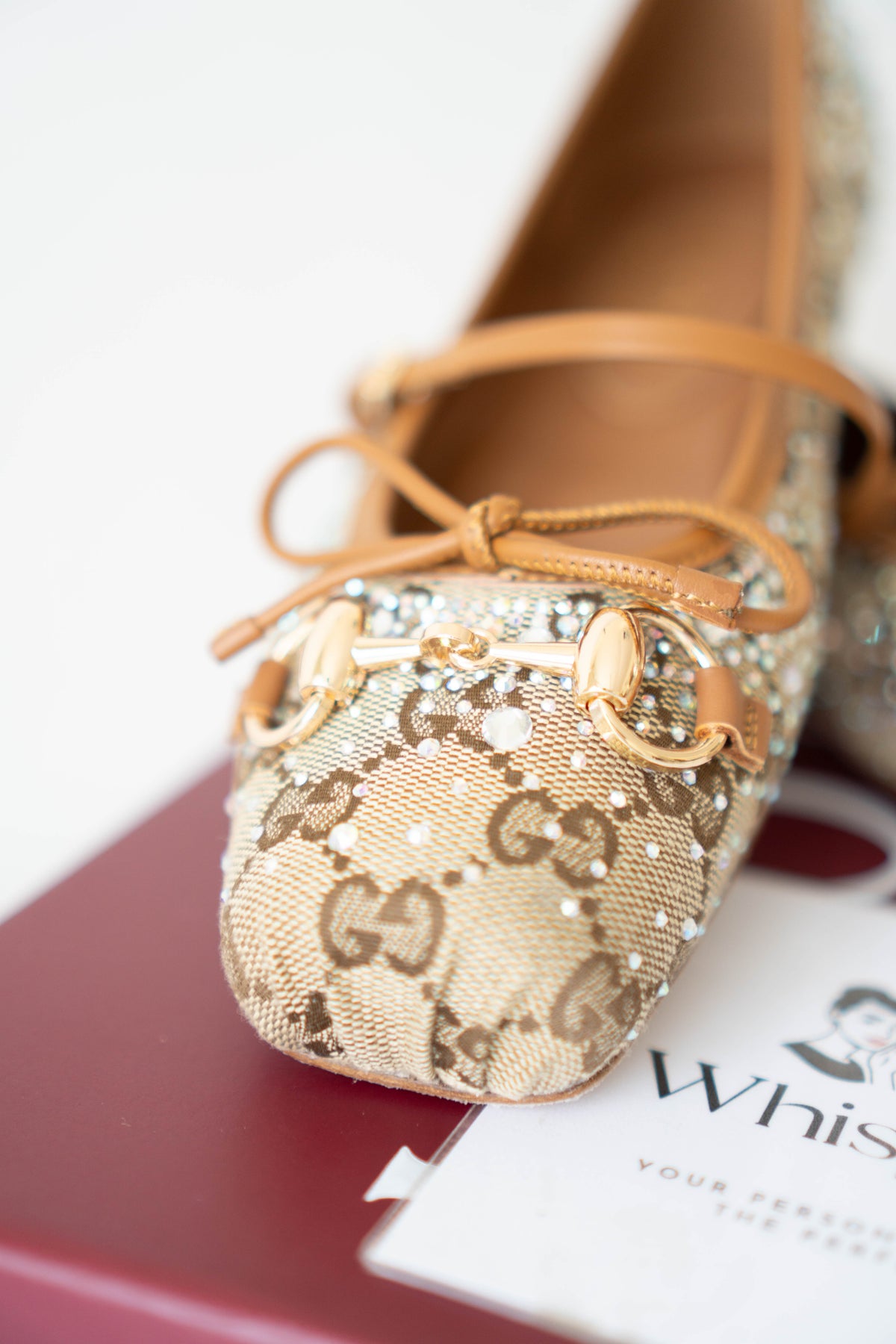 GG Crystal Ballet Flats – Beige with Crystal Embellishments (Size 36)
