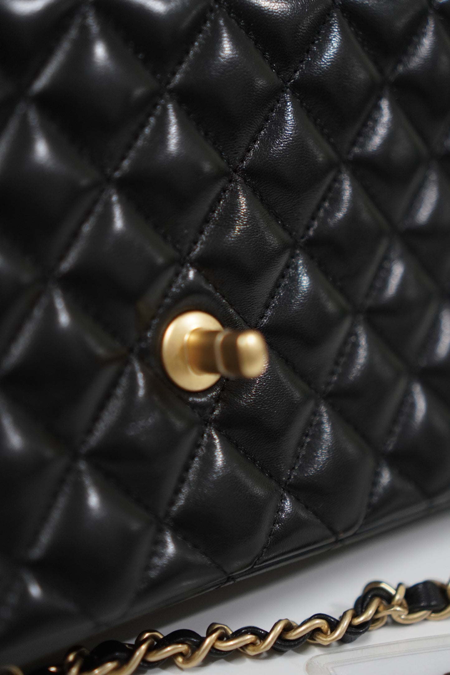 25P Top Handle Flap Bag in Black Shiny Lambskin with Gold Hardware