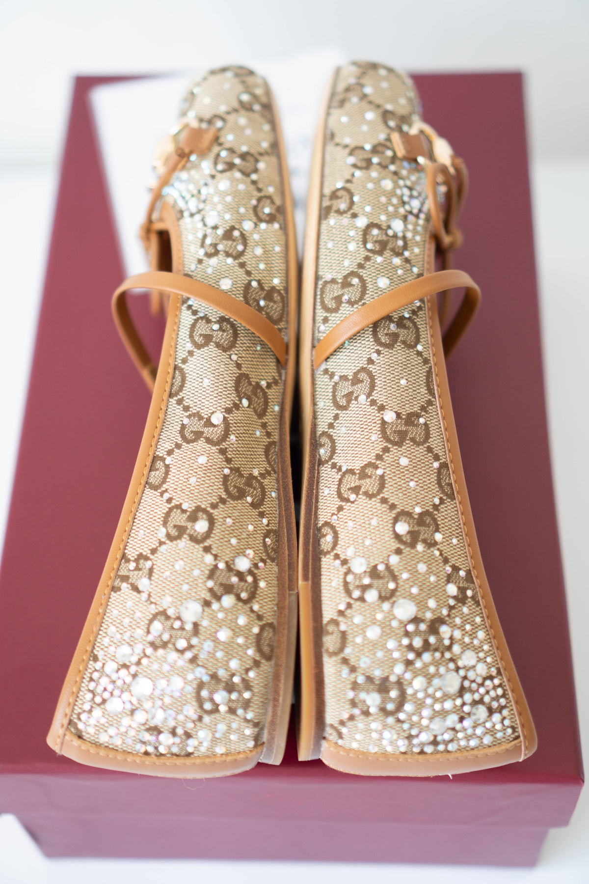 GG Crystal Ballet Flats – Beige with Crystal Embellishments (Size 36)