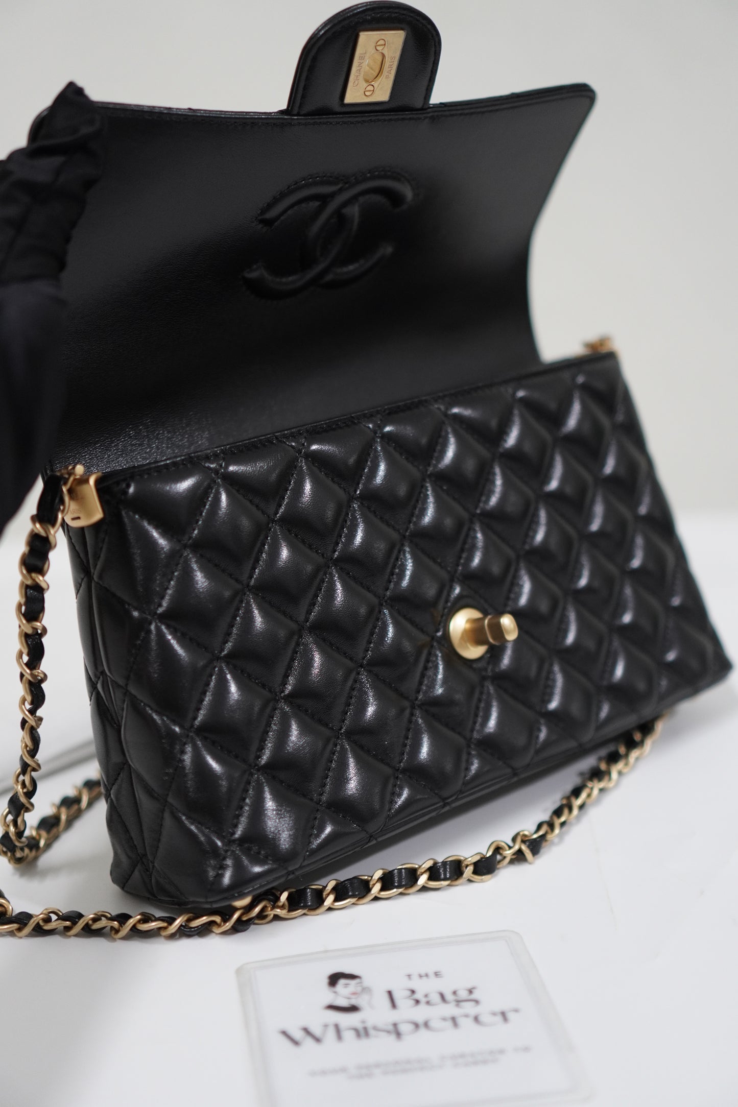 25P Top Handle Flap Bag in Black Shiny Lambskin with Gold Hardware