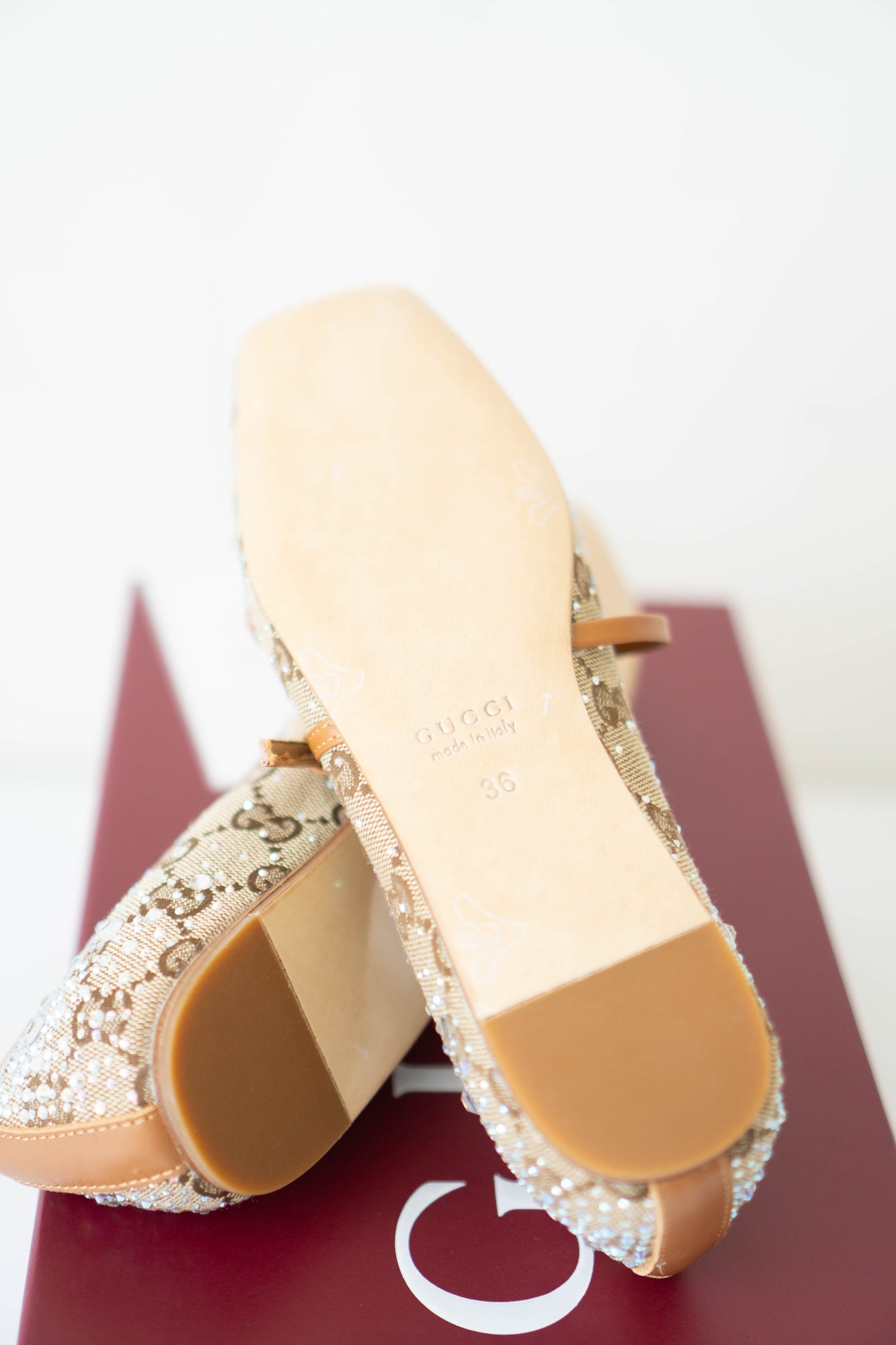 GG Crystal Ballet Flats – Beige with Crystal Embellishments (Size 36)
