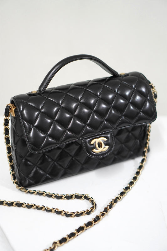 25P Top Handle Flap Bag in Black Shiny Lambskin with Gold Hardware