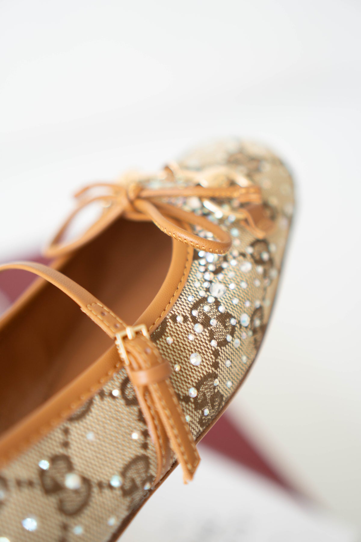 GG Crystal Ballet Flats – Beige with Crystal Embellishments (Size 36)