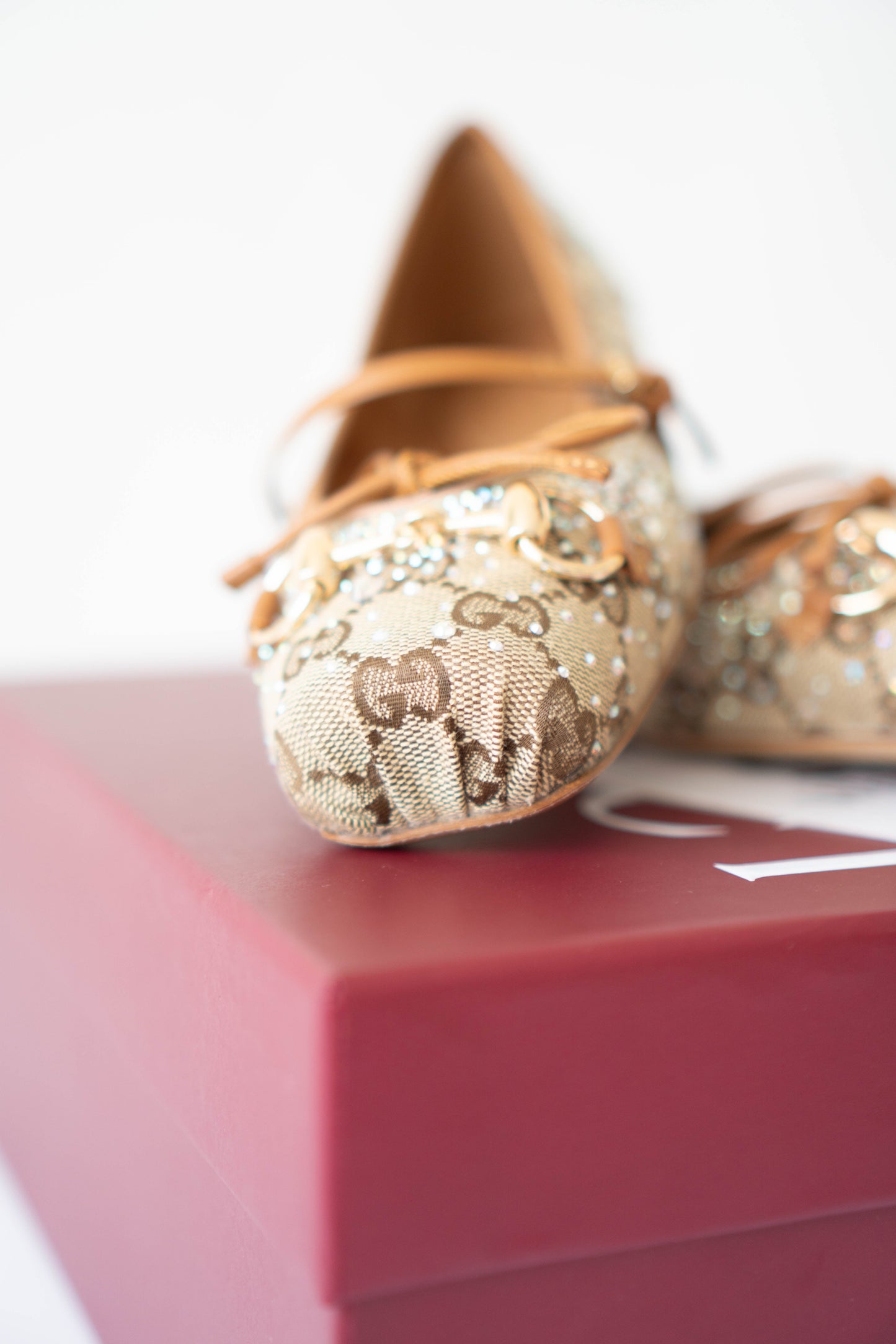 GG Crystal Ballet Flats – Beige with Crystal Embellishments (Size 36)