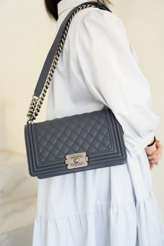 Boy Flap Bag – Old Medium Blue Quilted Leather with Ruthenium Hardware