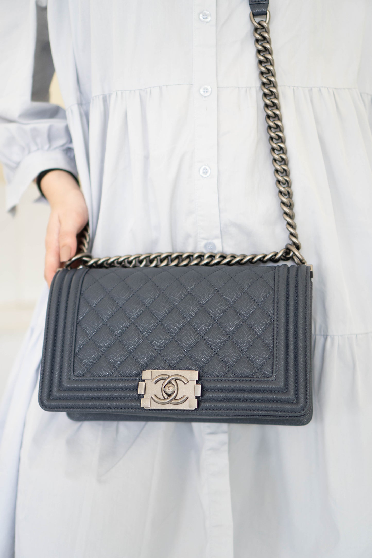 Boy Flap Bag – Old Medium Blue Quilted Leather with Ruthenium Hardware