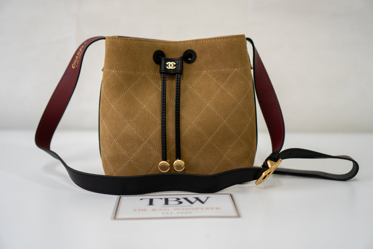 CC 26B Suede Bucket Bag – Dark Beige Suede with Gold Hardware