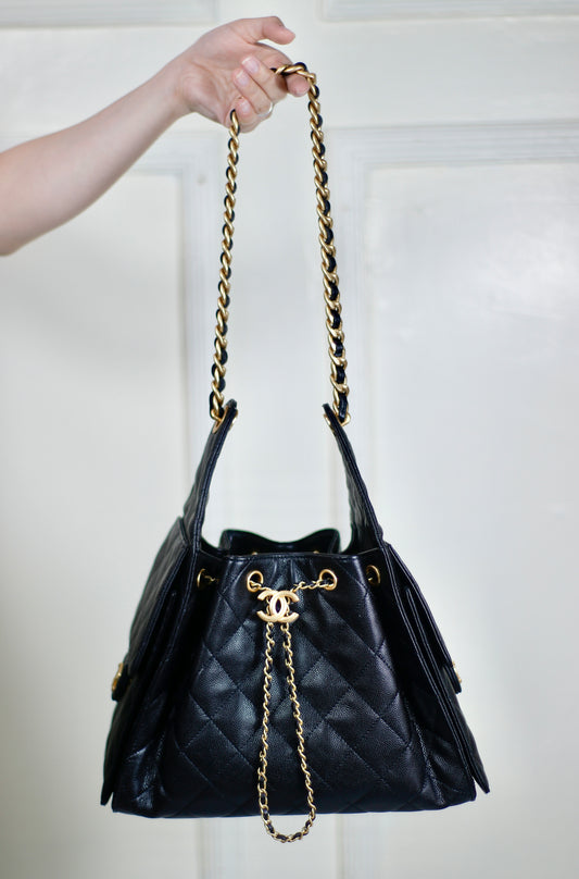25C Small Drawstring Bag – Black Caviar with Gold Hardware