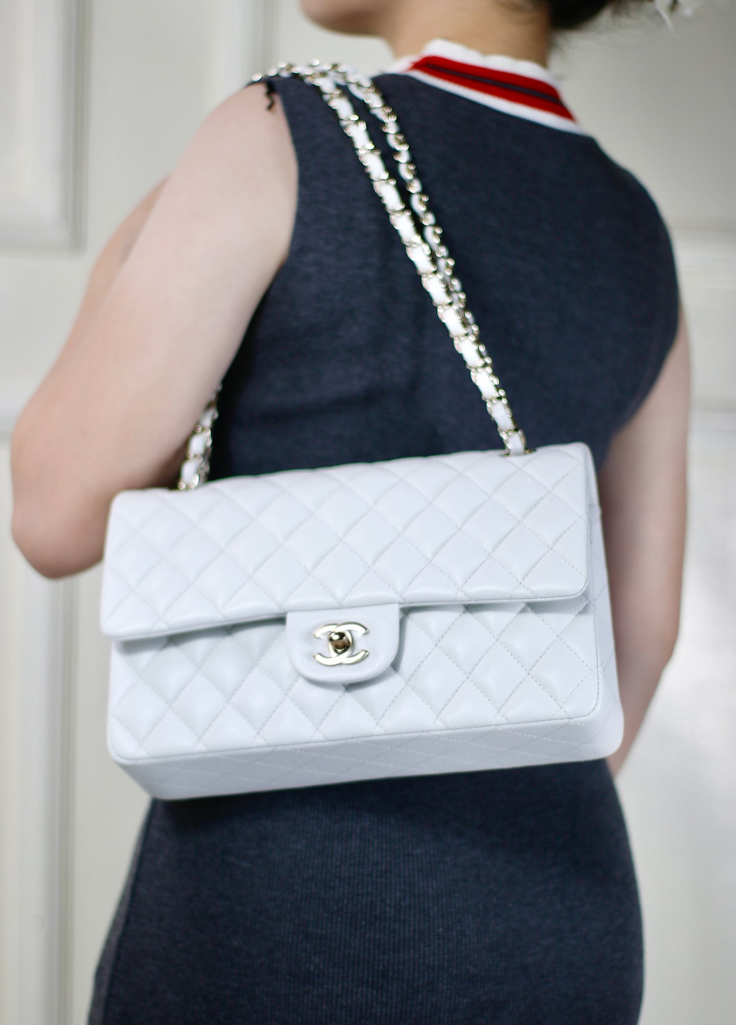 Classic Flap – Pearl White Caviar Leather with Light Gold Hardware